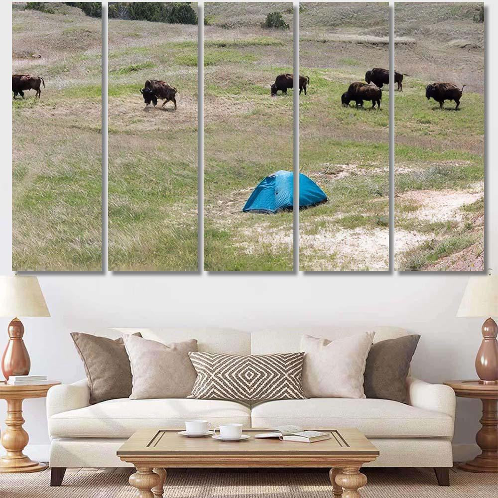 Wild Bison Getting Close Tent Wilderness Bison Animals Luxury Multi Canvas Prints, Multi Piece Panel Canvas Gallery Art Print Print