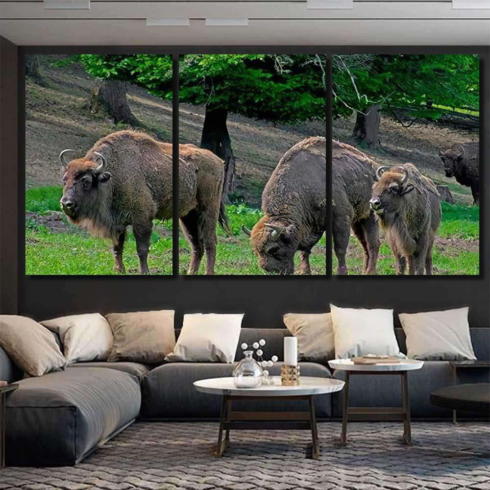 Family Bison Grazing On Pastures Aurochs Bison Animals Luxury Multi Canvas Prints, Multi Piece Panel Canvas Gallery Art Print Print