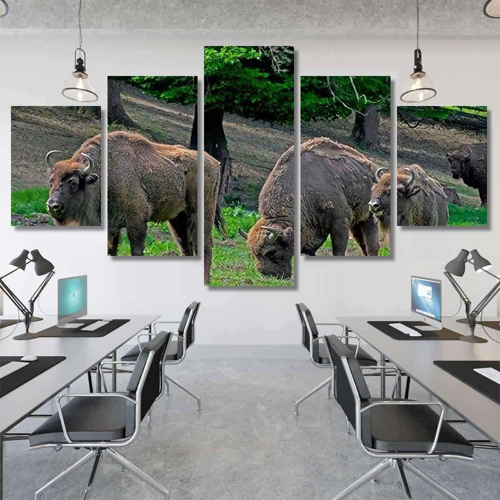 Family Bison Grazing On Pastures Aurochs Bison Animals Luxury Multi Canvas Prints, Multi Piece Panel Canvas Gallery Art Print Print