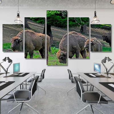 Family Bison Grazing On Pastures Aurochs Bison Animals Luxury Multi Canvas Prints, Multi Piece Panel Canvas Gallery Art Print Print