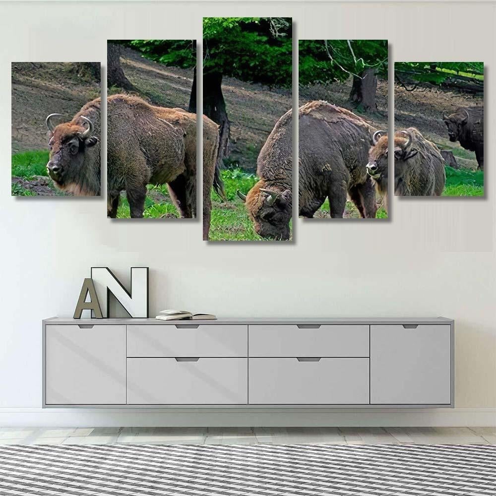 Family Bison Grazing On Pastures Aurochs Bison Animals Luxury Multi Canvas Prints, Multi Piece Panel Canvas Gallery Art Print Print