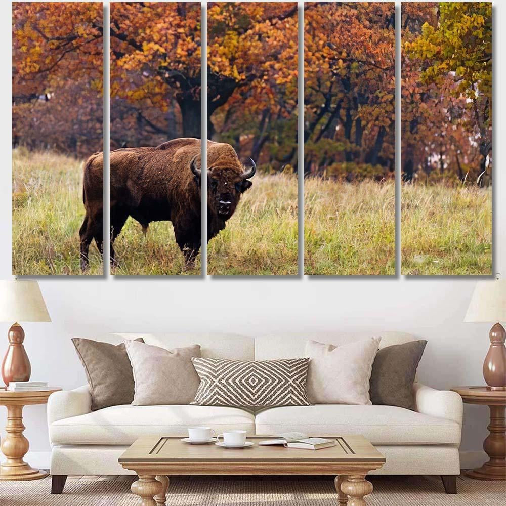 European Bison Autumn Latin Bonasus Bison Animals Luxury Multi Canvas Prints, Multi Piece Panel Canvas Gallery Art Print Print