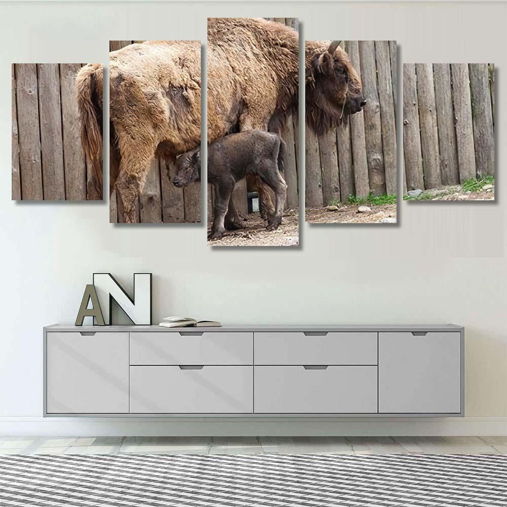 Wild Bison Cub Near Fence Spring Bison Animals Luxury Multi Canvas Prints, Multi Piece Panel Canvas Gallery Art Print Print