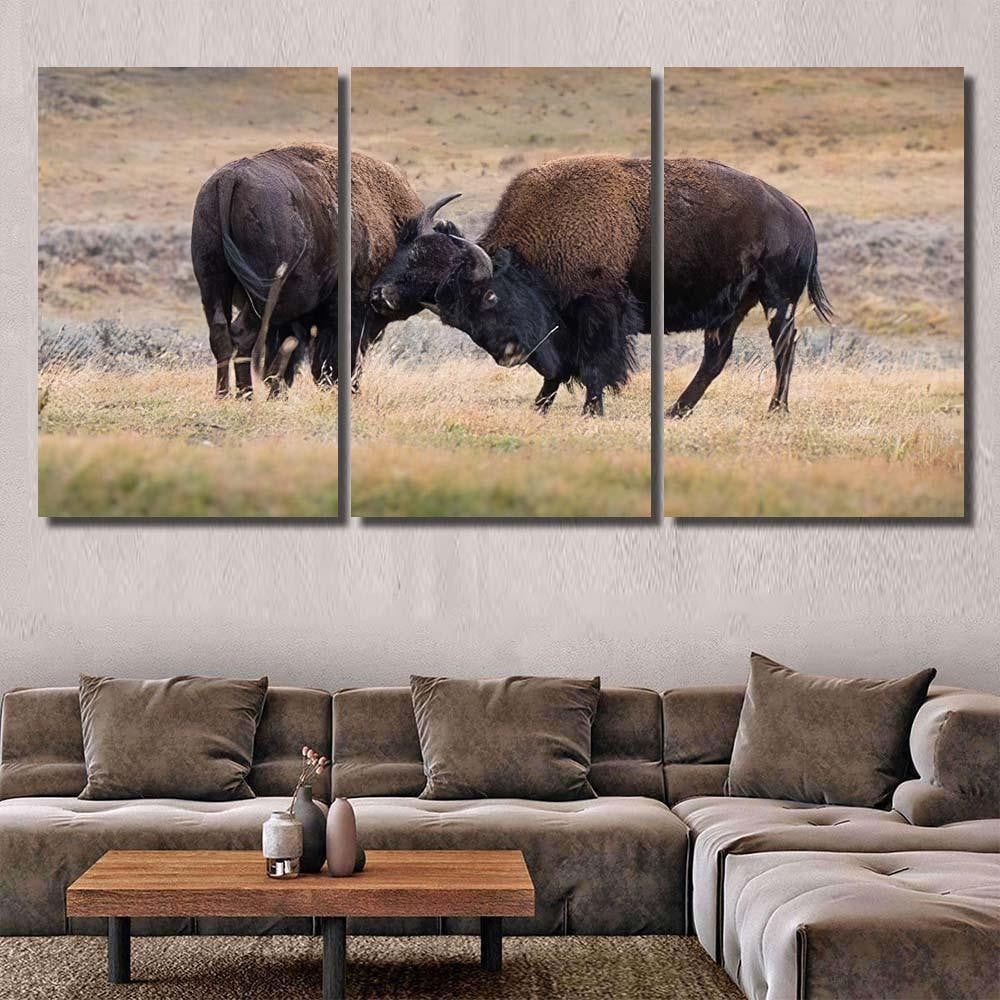 Bison American Standing Dry Grass Typical 2 Bison Animals Luxury Multi Canvas Prints, Multi Piece Panel Canvas Gallery Art Print Print