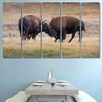 Bison American Standing Dry Grass Typical 2 Bison Animals Luxury Multi Canvas Prints, Multi Piece Panel Canvas Gallery Art Print Print