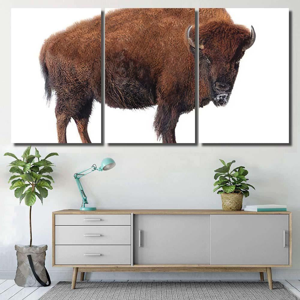 Bison Stands Snow Isolated On White Bison Animals Luxury Multi Canvas Prints, Multi Piece Panel Canvas Gallery Art Print Print