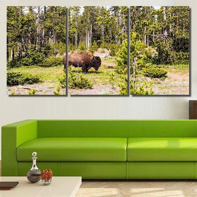 Bison Forest Landscape View Nature Background Bison Animals Luxury Multi Canvas Prints, Multi Piece Panel Canvas Gallery Art Print Print
