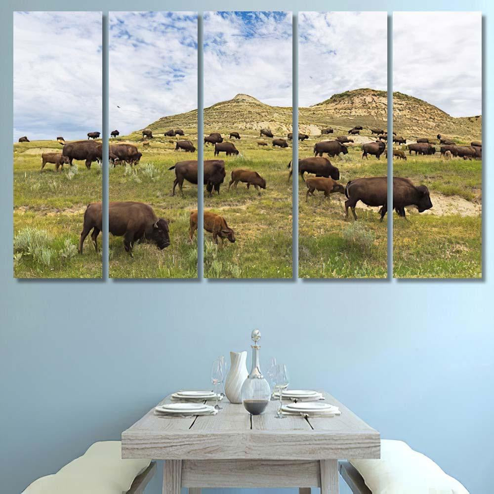 North Dakota Bison Herd Bison Animals Luxury Multi Canvas Prints, Multi Piece Panel Canvas Gallery Art Print Print