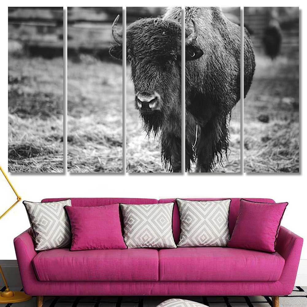 Black White Buffalo Bison 1 Bison Animals Luxury Multi Canvas Prints, Multi Piece Panel Canvas Gallery Art Print Print