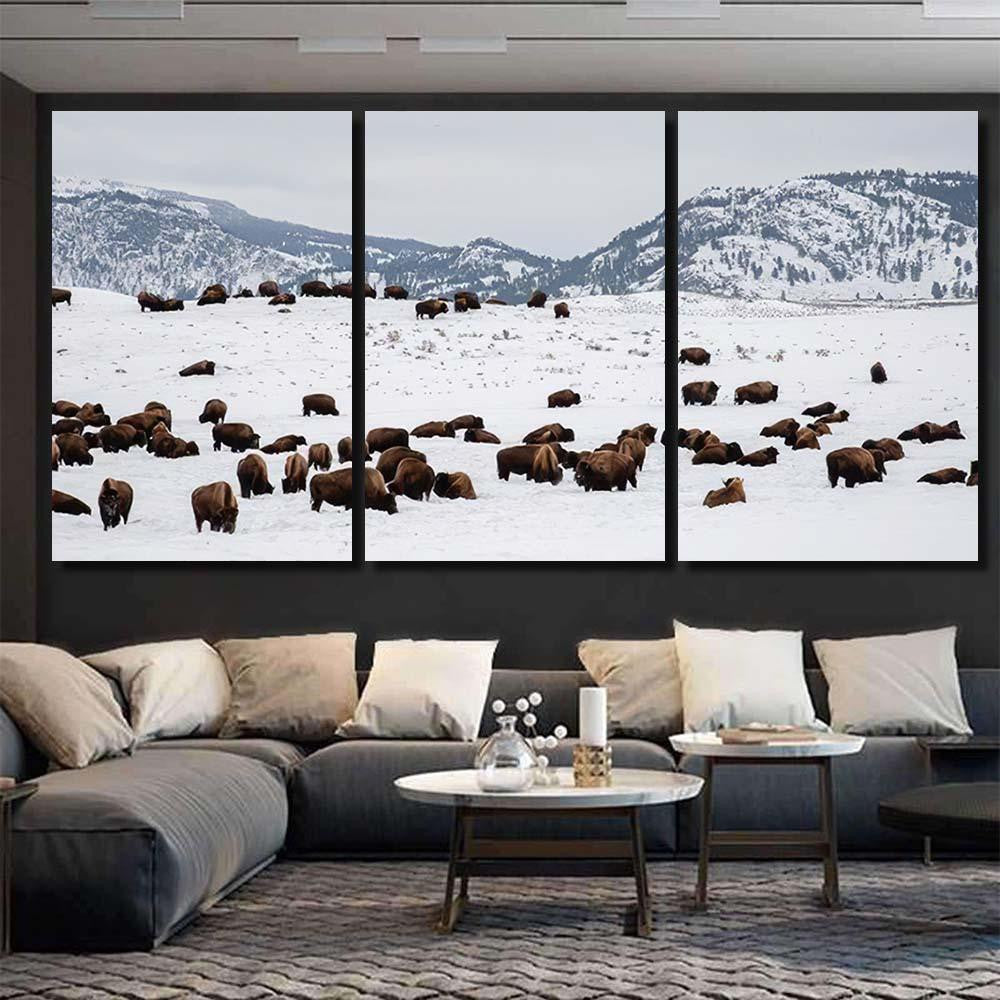Yellowstone Bison Winter Snow 2 Bison Animals Luxury Multi Canvas Prints, Multi Piece Panel Canvas Gallery Art Print Print