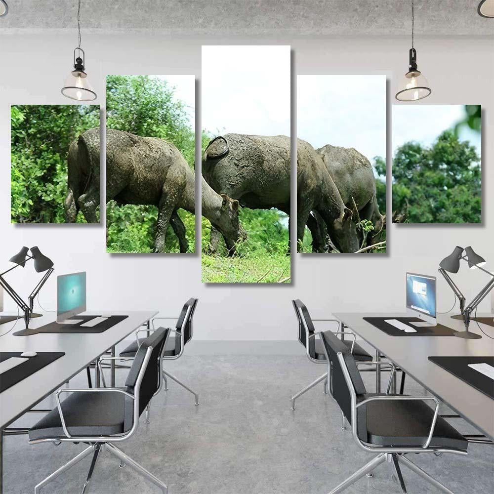 Thai Buffalo Eating Grass On Mound Bison Animals Luxury Multi Canvas Prints, Multi Piece Panel Canvas Gallery Art Print Print