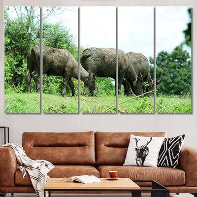 Thai Buffalo Eating Grass On Mound Bison Animals Luxury Multi Canvas Prints, Multi Piece Panel Canvas Gallery Art Print Print