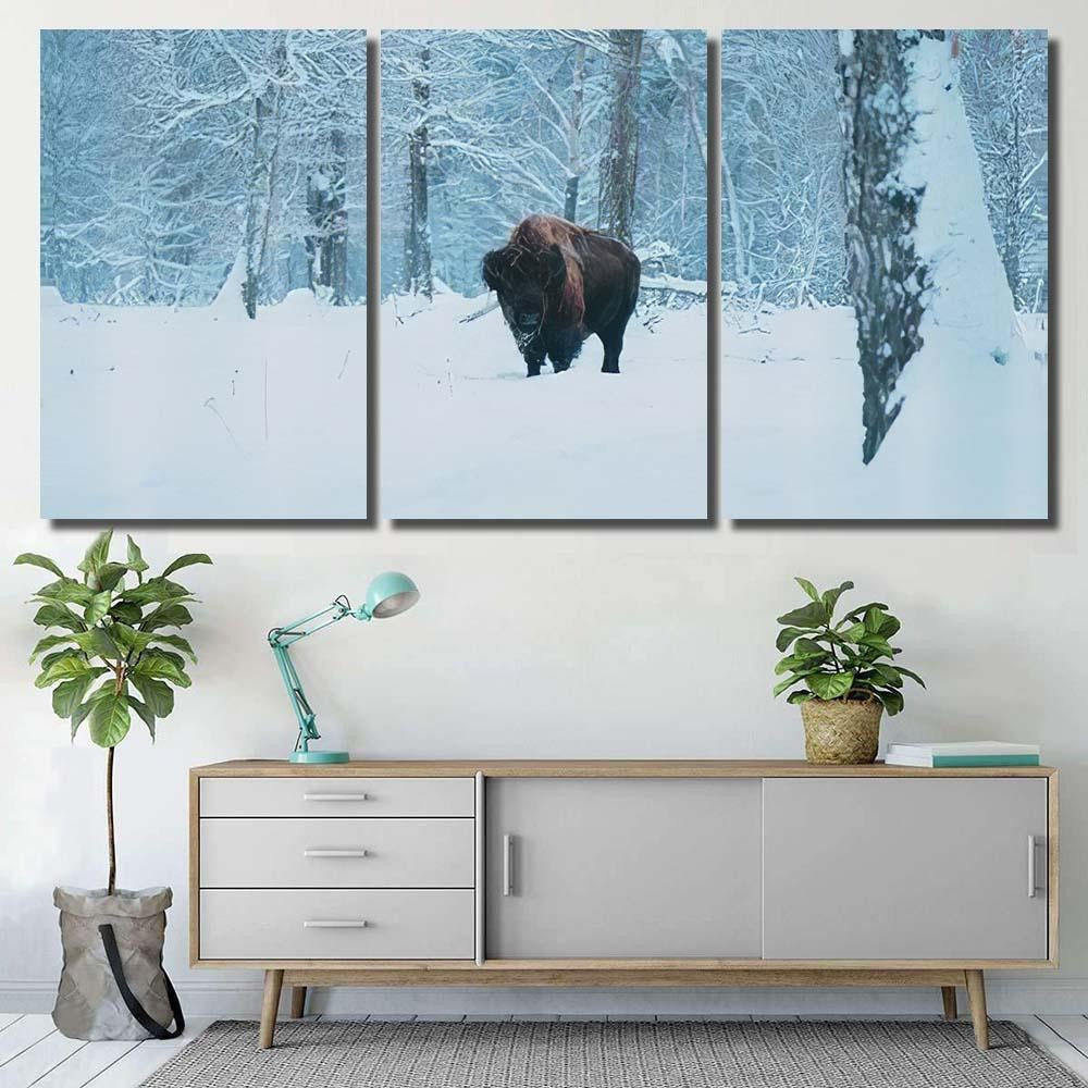 Bison On Forest Background Snow Adult Bison Animals Luxury Multi Canvas Prints, Multi Piece Panel Canvas Gallery Art Print Print