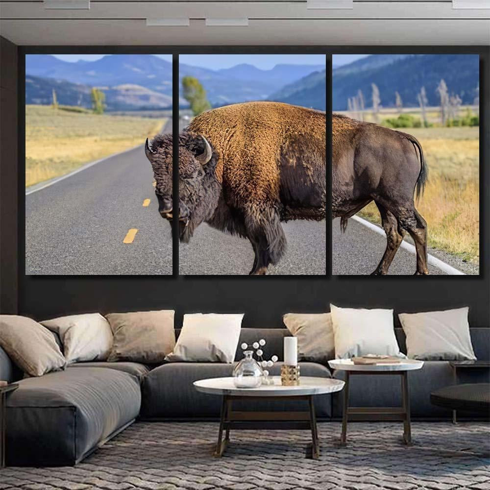 Large Male Bison Blocking Road Bison Animals Luxury Multi Canvas Prints, Multi Piece Panel Canvas Gallery Art Print Print