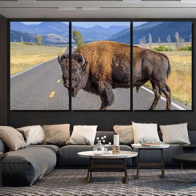 Large Male Bison Blocking Road Bison Animals Luxury Multi Canvas Prints, Multi Piece Panel Canvas Gallery Art Print Print