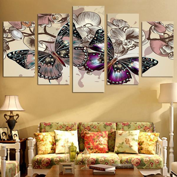Flower Butterfly Butterflies Animal 5 Panel Canvas Art Wall Decor Luxury Multi Canvas Prints, Multi Piece Panel Canvas Gallery Art Print