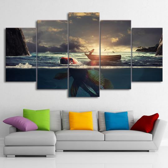 Fishing Goldfish Aquarium Background Fishing 5 Panel Canvas Art Wall Decor Luxury Multi Canvas Prints, Multi Piece Panel Canvas Gallery Art Print