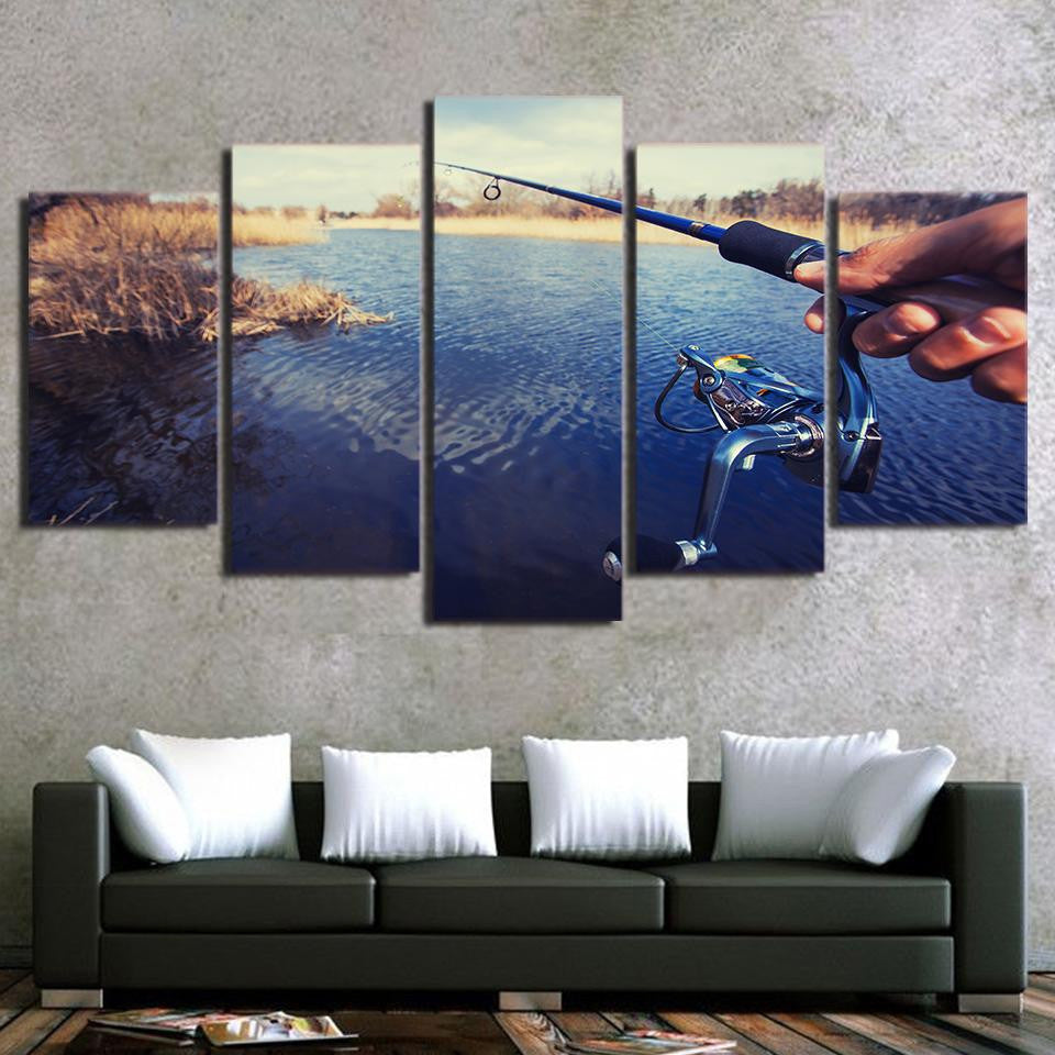 Fishing Rod Vintage 1 Fishing 5 Panel Canvas Art Wall Decor Luxury Multi Canvas Prints, Multi Piece Panel Canvas Gallery Art Print