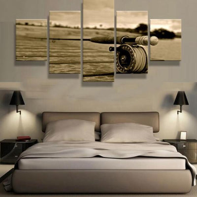 Antique Fishing Rod Reel On Fishing Pier Deck Fishing 5 Panel Canvas Art Wall Decor Luxury Multi Canvas Prints, Multi Piece Panel Canvas Gallery Art Print