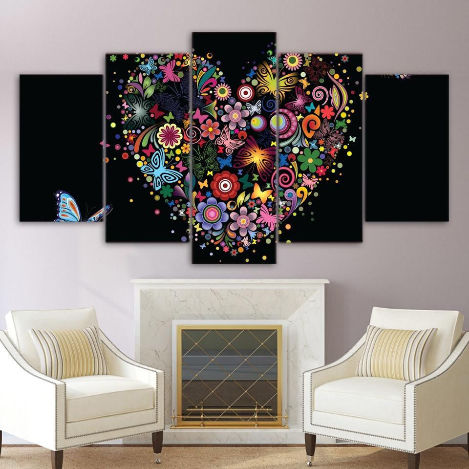 Colorful Heart Butterfly Abstract 5 Panel Canvas Art Wall Decor Luxury Multi Canvas Prints, Multi Piece Panel Canvas Gallery Art Print