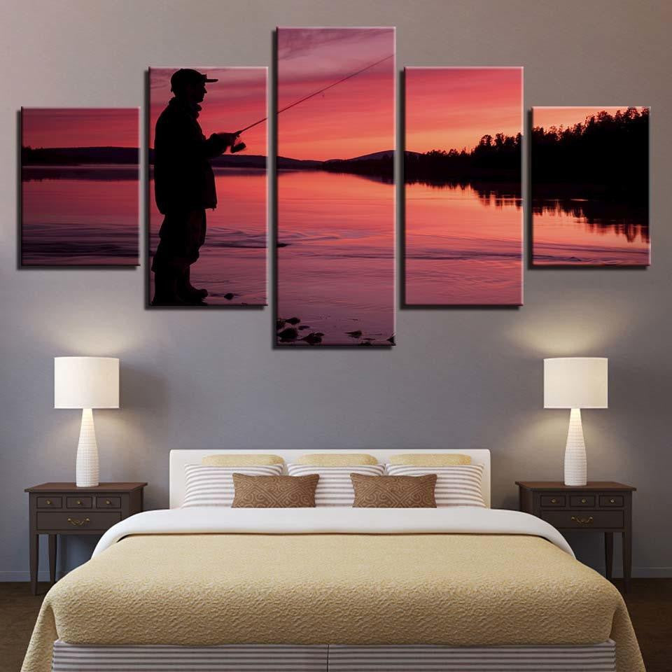 Sunset Fishing 1 Fishing 5 Panel Canvas Art Wall Decor Luxury Multi Canvas Prints, Multi Piece Panel Canvas Gallery Art Print