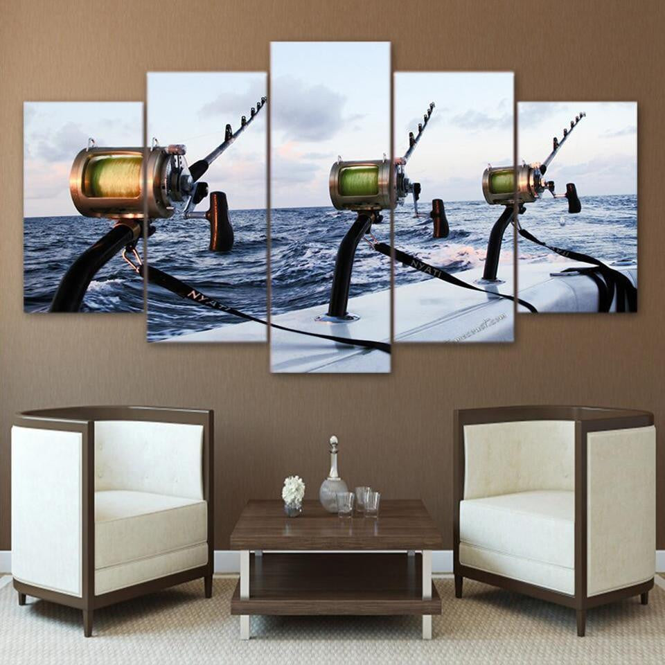 Fishing Rod 20 Fishing 5 Panel Canvas Art Wall Decor Luxury Multi Canvas Prints, Multi Piece Panel Canvas Gallery Art Print