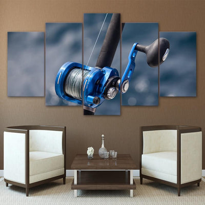Blue Fishing Rod Fishing 5 Panel Canvas Art Wall Decor Luxury Multi Canvas Prints, Multi Piece Panel Canvas Gallery Art Print