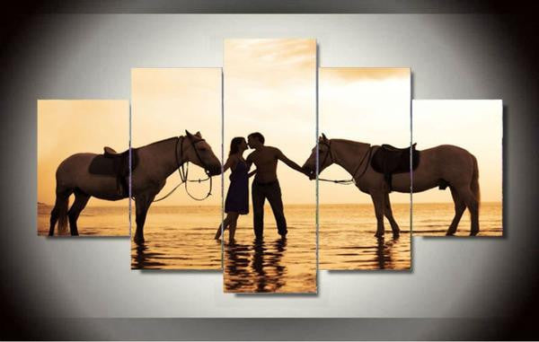 Couple Kissing With Their Horse At Sunset Nature 5 Panel Canvas Art Wall Decor Luxury Multi Canvas Prints, Multi Piece Panel Canvas Gallery Art Print