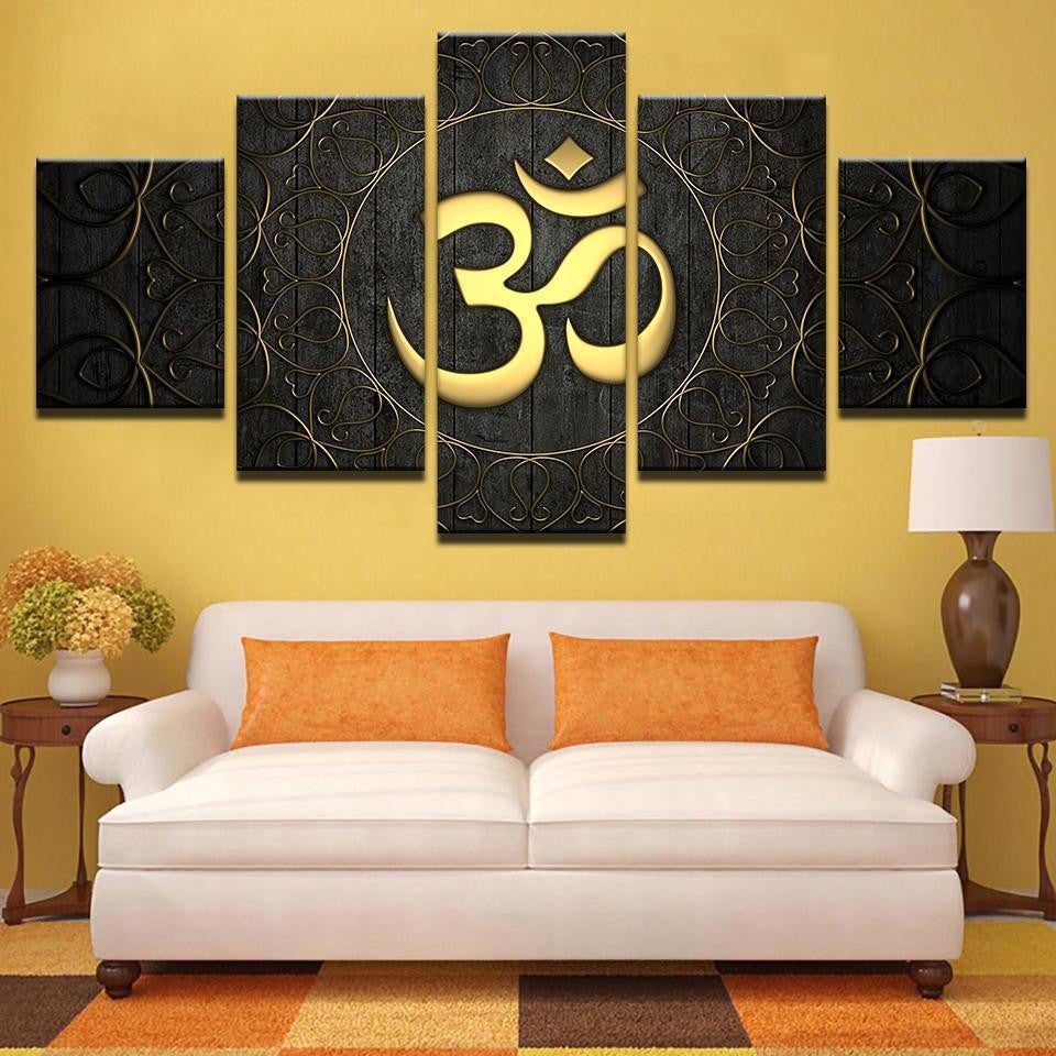 Buddha Om Yoga Golden Symbol Religion 5 Panel Canvas Art Wall Decor Luxury Multi Canvas Prints, Multi Piece Panel Canvas Gallery Art Print