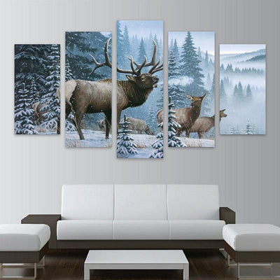 Elk Family In Snow Pine Tree Landscape Fashion Deer Animal 5 Panel Canvas Art Wall Decor Luxury Multi Canvas Prints, Multi Piece Panel Canvas Gallery Art Print
