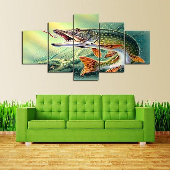 Northern Pike 01 Fishing 5 Panel Canvas Art Wall Decor Luxury Multi Canvas Prints, Multi Piece Panel Canvas Gallery Art Print