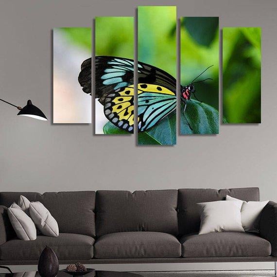 Butterfly In Blue Yellow And Black Animal 5 Panel Canvas Art Wall Decor Luxury Multi Canvas Prints, Multi Piece Panel Canvas Gallery Art Print