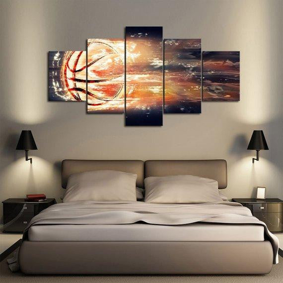 Fire Basketball 01 Sport 5 Panel Canvas Art Wall Decor Luxury Multi Canvas Prints, Multi Piece Panel Canvas Gallery Art Print