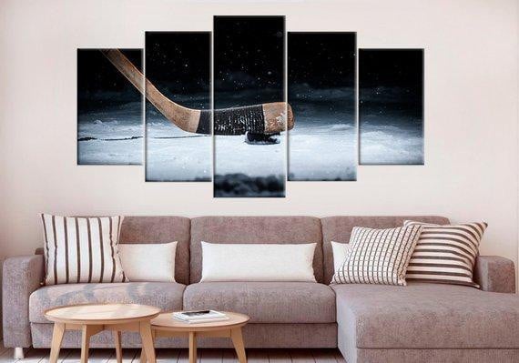 Hockey Stick Puck Winter Sport 5 Panel Canvas Art Wall Decor Luxury Multi Canvas Prints, Multi Piece Panel Canvas Gallery Art Print