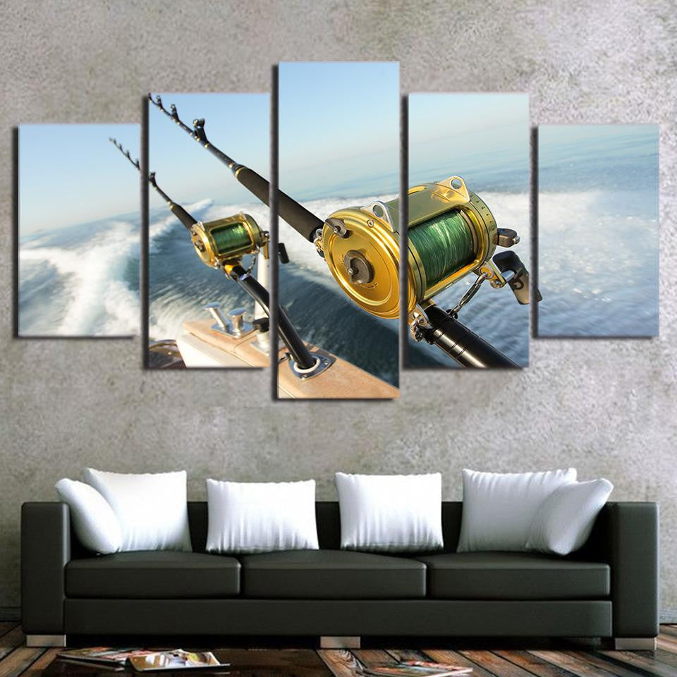Fishing Rod Blue Ocean Fishing 5 Panel Canvas Art Wall Decor Luxury Multi Canvas Prints, Multi Piece Panel Canvas Gallery Art Print