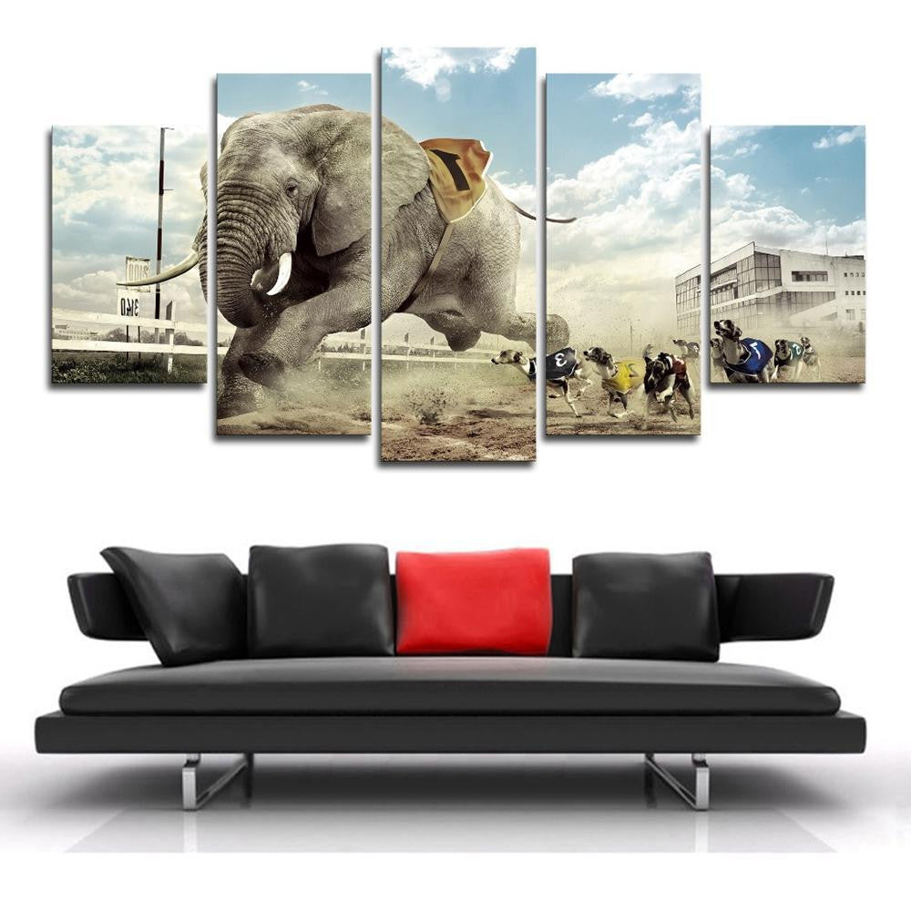 Funny Elephant And Dogs Race Animal 5 Panel Canvas Art Wall Decor Luxury Multi Canvas Prints, Multi Piece Panel Canvas Gallery Art Print