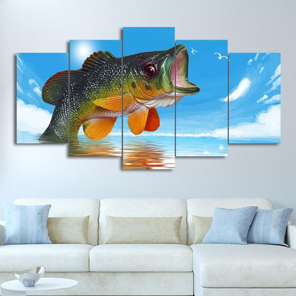 Jumping Fish On The Sea Fishing 5 Panel Canvas Art Wall Decor Luxury Multi Canvas Prints, Multi Piece Panel Canvas Gallery Art Print