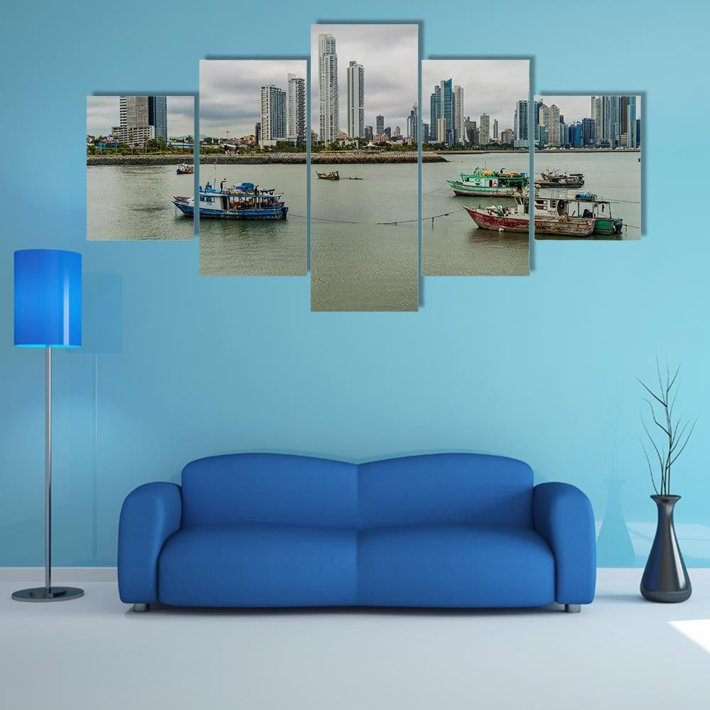 Fishing Boats In A Port With Skyline Of Panama Cit Fishing 5 Panel Canvas Art Wall Decor Luxury Multi Canvas Prints, Multi Piece Panel Canvas Gallery Art Print