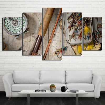 Fishing Rod Lures Hooks Modular Fishing 5 Panel Canvas Art Wall Decor Luxury Multi Canvas Prints, Multi Piece Panel Canvas Gallery Art Print