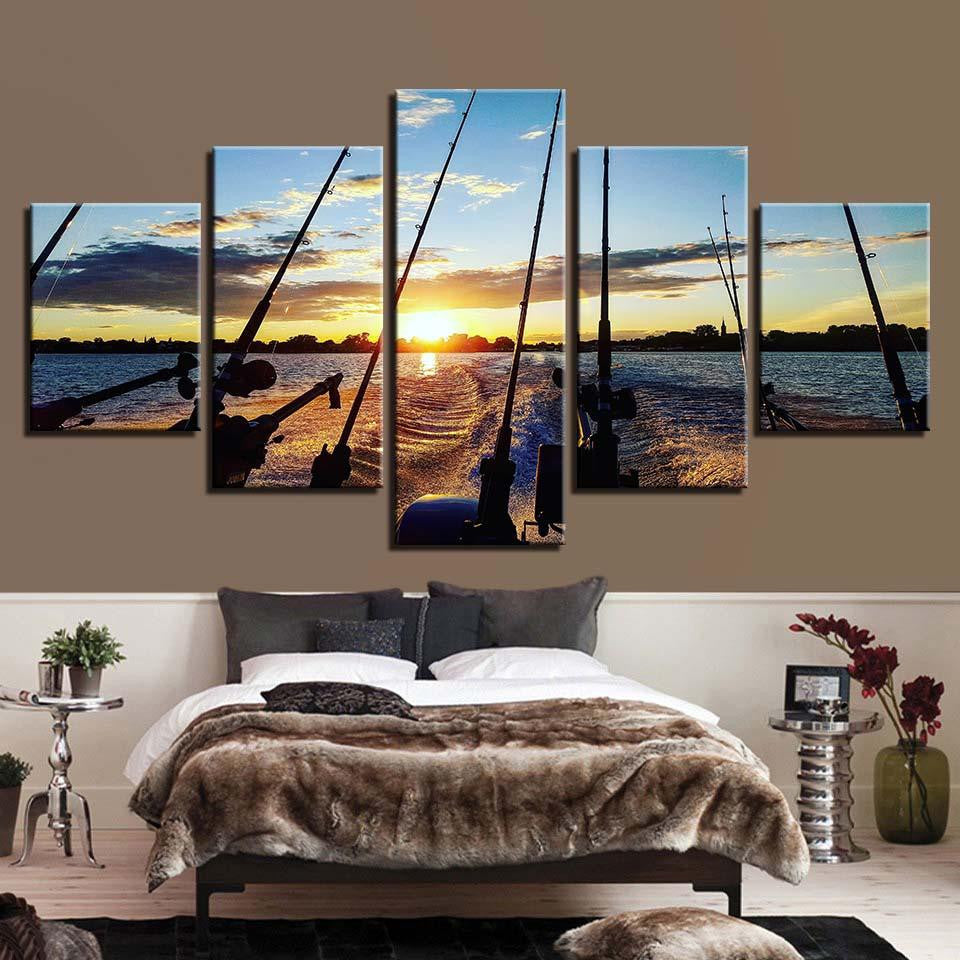 Fishing Rod 12 Fishing 5 Panel Canvas Art Wall Decor Luxury Multi Canvas Prints, Multi Piece Panel Canvas Gallery Art Print