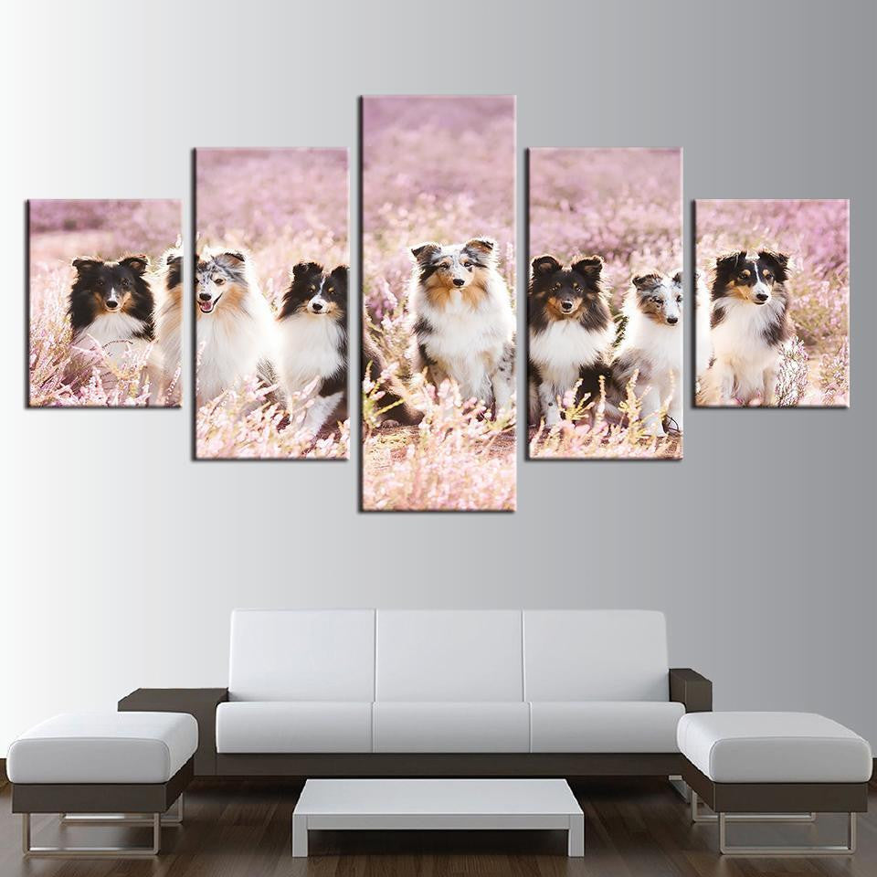 Pet Dogs In Flowers Animal 5 Panel Canvas Art Wall Decor Luxury Multi Canvas Prints, Multi Piece Panel Canvas Gallery Art Print