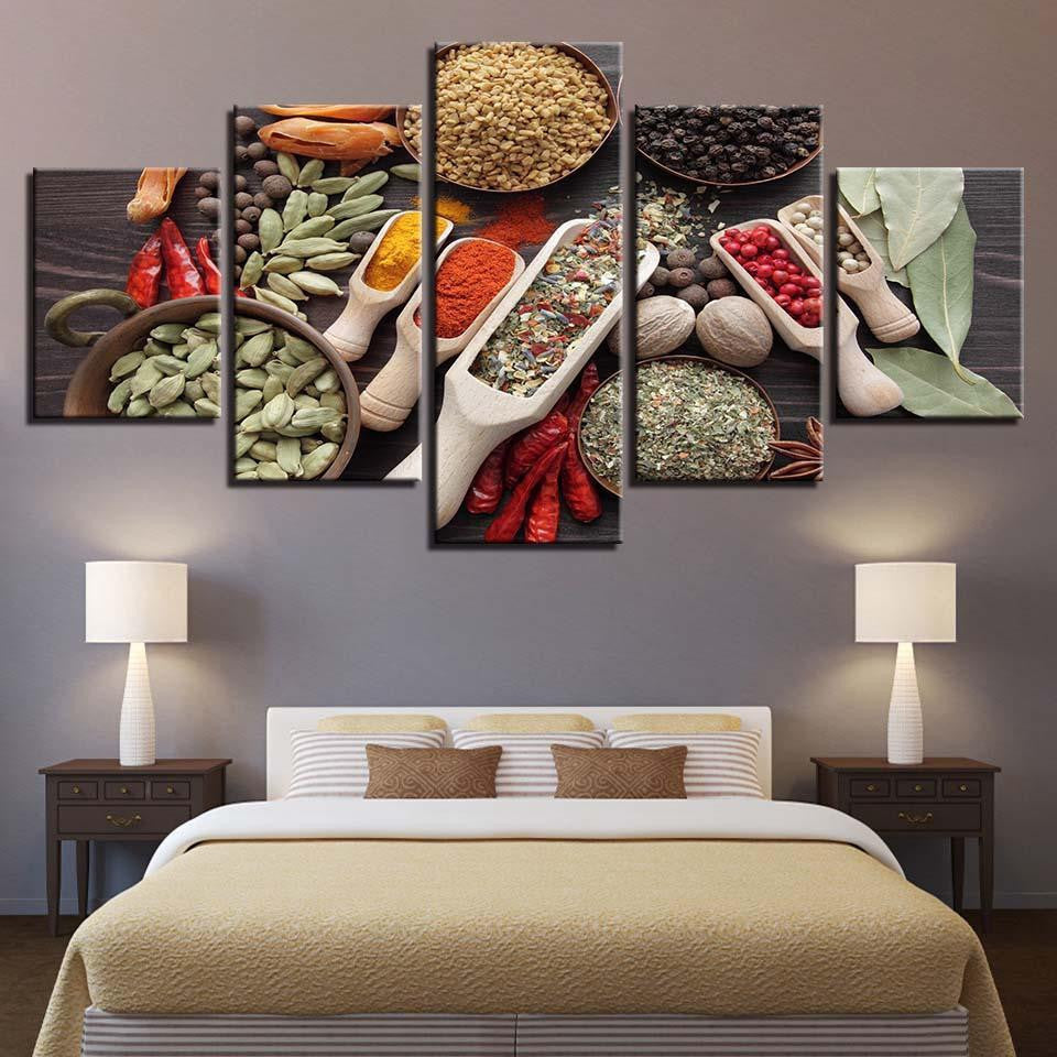 Spoon Grains Spices Food Kitchen Cooking Kitchen 5 Panel Canvas Art Wall Decor Luxury Multi Canvas Prints, Multi Piece Panel Canvas Gallery Art Print