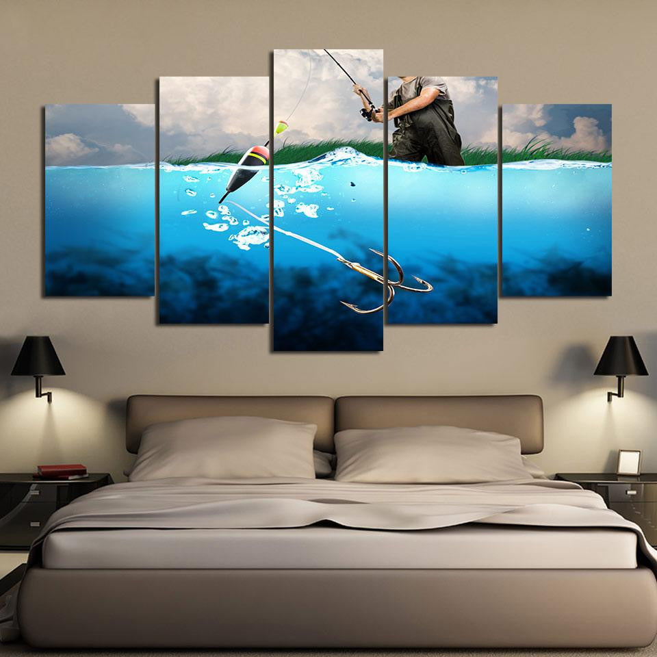 Fishing Man by Sea Fishing 5 Panel Canvas Art Wall Decor Luxury Multi Canvas Prints, Multi Piece Panel Canvas Gallery Art Print