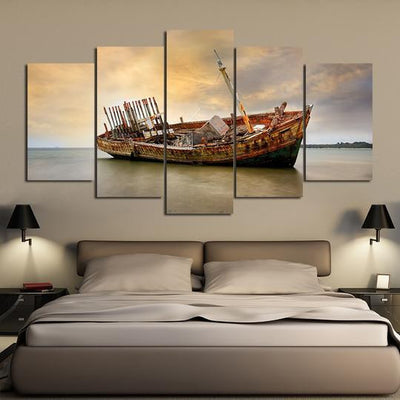 Beached Fishing Boat Fishing 5 Panel Canvas Art Wall Decor Luxury Multi Canvas Prints, Multi Piece Panel Canvas Gallery Art Print
