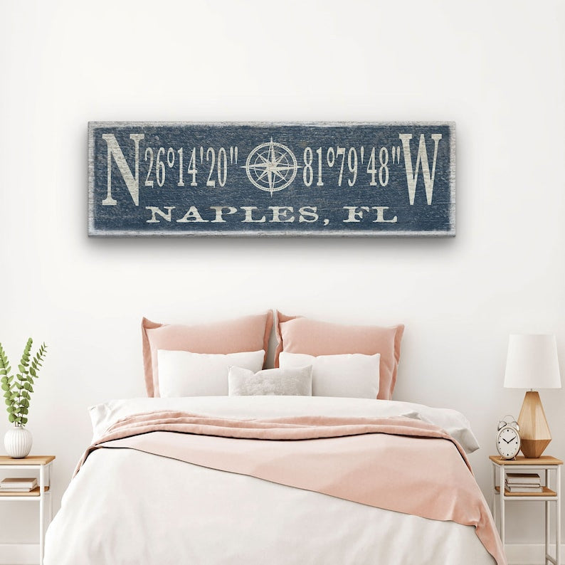 Latitude Longitude Sign, Coordinates Sign, Compass Rose , Personalized Gift, Wedding Gift, Beach Decor, Housewarming Gift, Nautical Decor