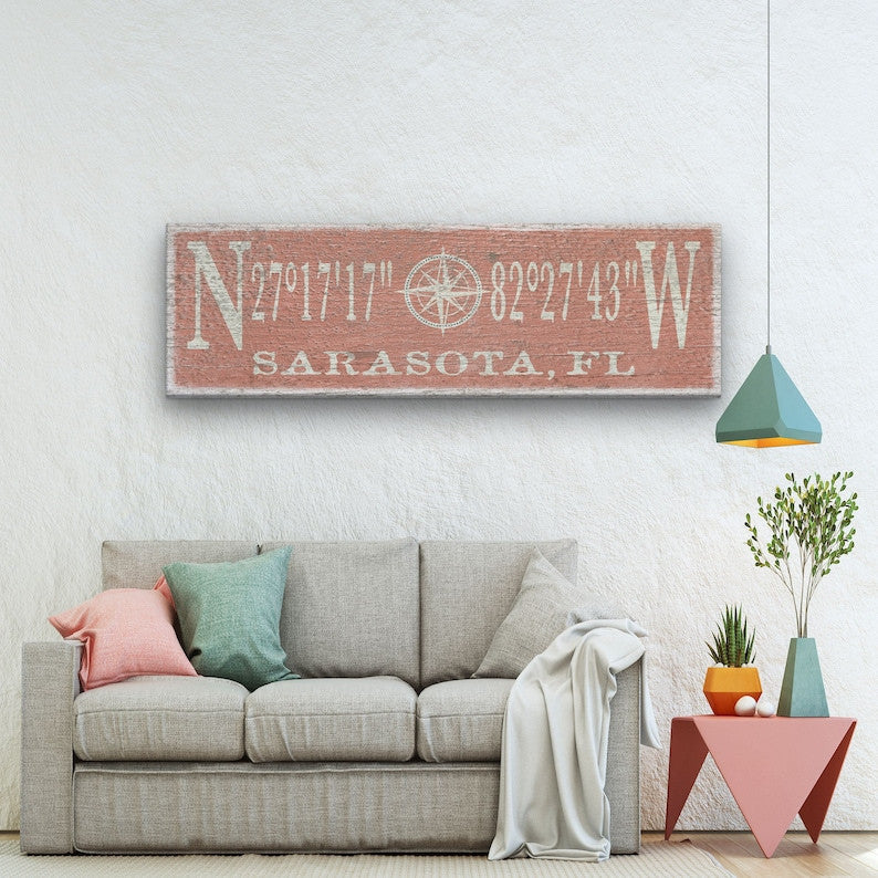 Latitude Longitude Sign, Coordinates Sign, Compass Rose , Personalized Gift, Wedding Gift, Beach Decor, Housewarming Gift, Nautical Decor