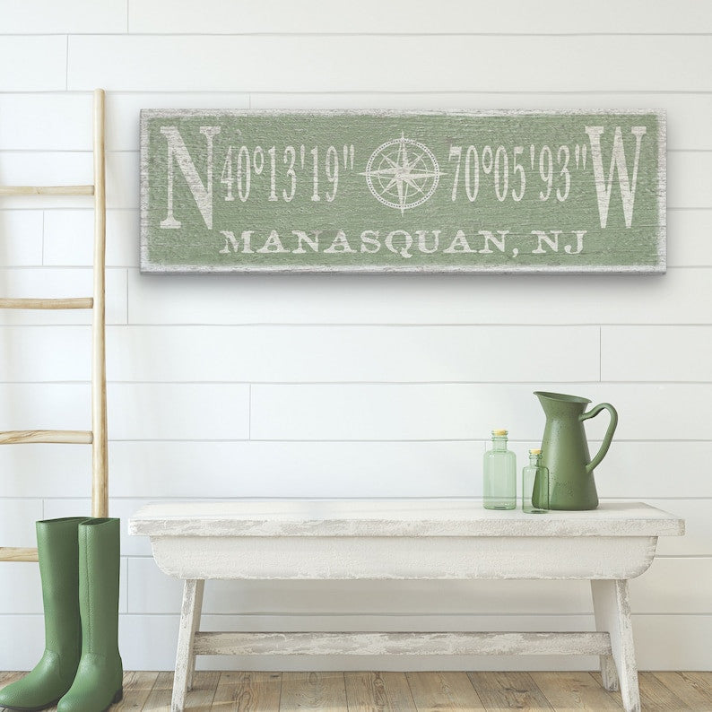 Latitude Longitude Sign, Coordinates Sign, Compass Rose , Personalized Gift, Wedding Gift, Beach Decor, Housewarming Gift, Nautical Decor