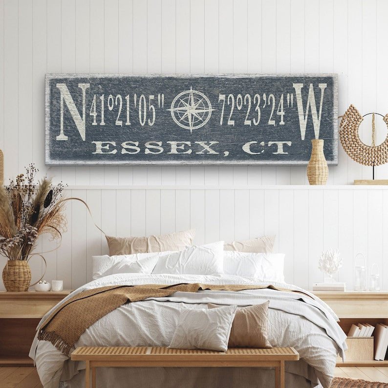 Latitude Longitude Sign, Coordinates Sign, Compass Rose , Personalized Gift, Wedding Gift, Beach Decor, Housewarming Gift, Nautical Decor