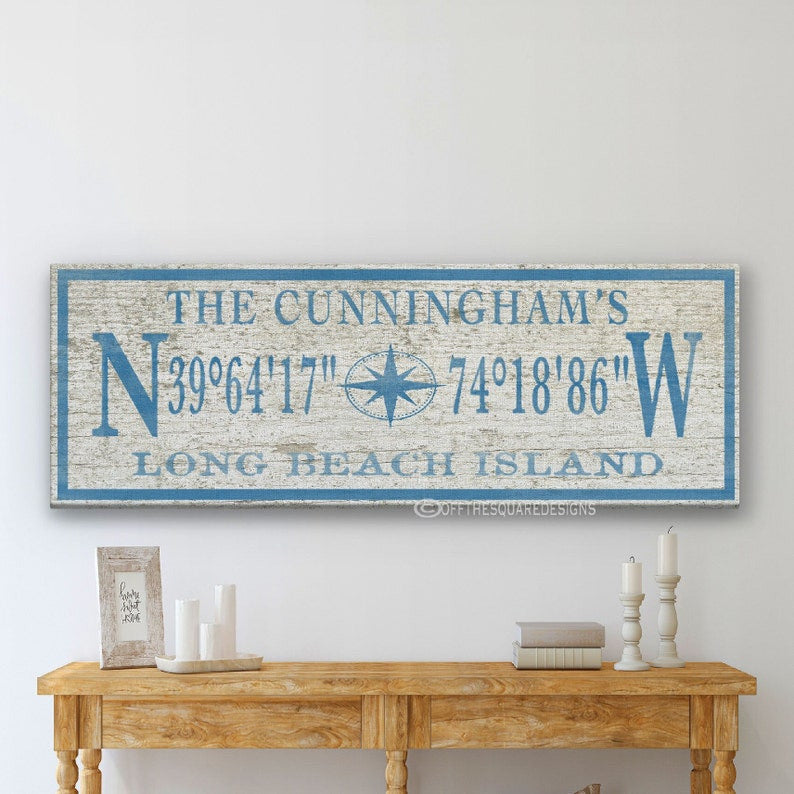 Personalized Coordinates Sign, Family Name Latitude Longitude, Rustic Compass GPS Coordinates, Thoughtful Gift, Wedding Gift, Beach Decor