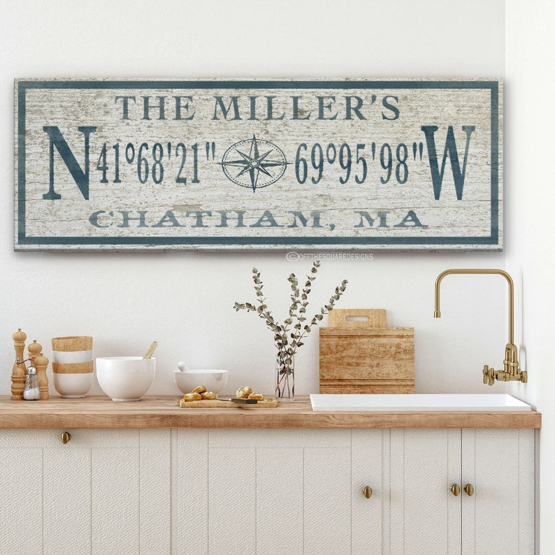 Personalized Coordinates Sign, Family Name Latitude Longitude, Rustic Compass GPS Coordinates, Thoughtful Gift, Wedding Gift, Beach Decor